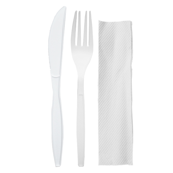 [600B-CTS] Kit de Cubiertos de 18cm (Cuchillo, Tenedor, Servilleta) 250pc (Blanco)